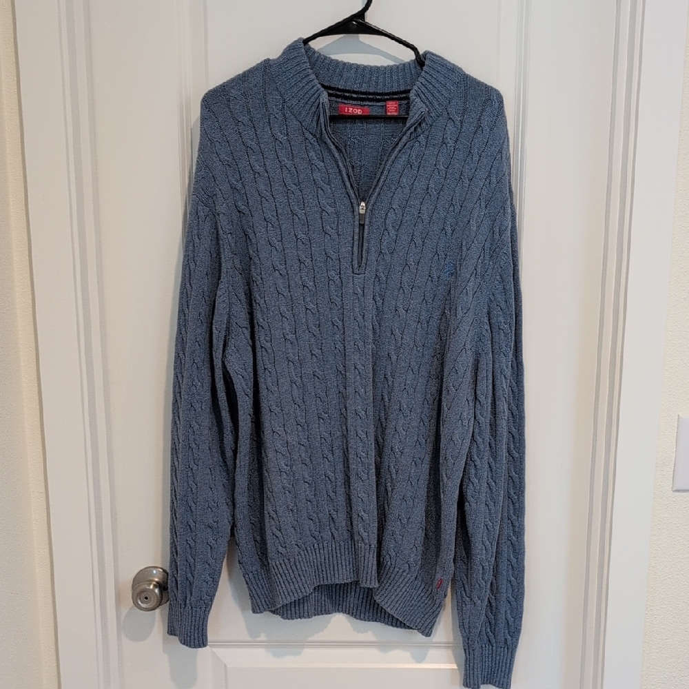 Izod Men's Quarter Zip Cable Knit Sweater - Blue